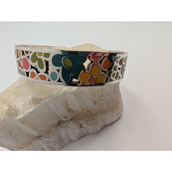 Brighton Multi-Color Enamel Flower Bangle Bracelet Silver Tone Floral Boho - Picture 2 of 8